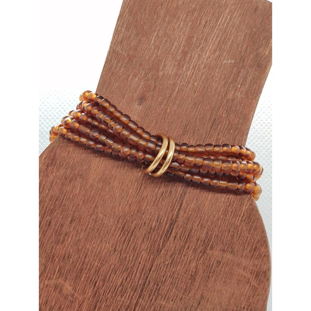 VTG Style Gold Tone Metal Brown Glass Beaded Mutli-Strand Stretch Bracelet 6.75"